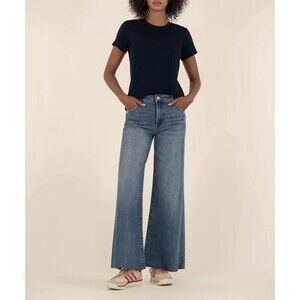 KUT from the Kloth Ryan Wide Leg High Rise Blue Denim Jeans Stretch Raw Hem